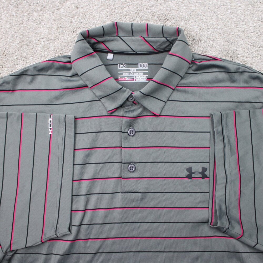 Under Armour ColdBlack Polo Shirt Mens Large Gray/Pink UA Heatgear Loose Fit S/S